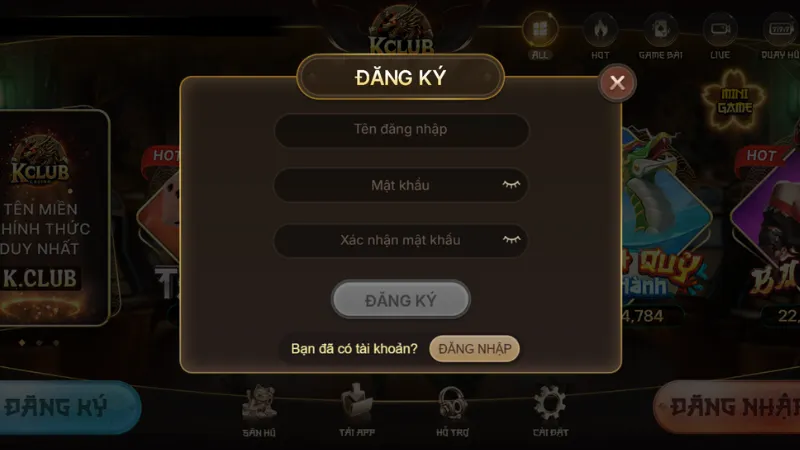 Giao diện biểu mẫu đăng ký tại cổng game Kclub siêu đơn giản cho tân thủ
