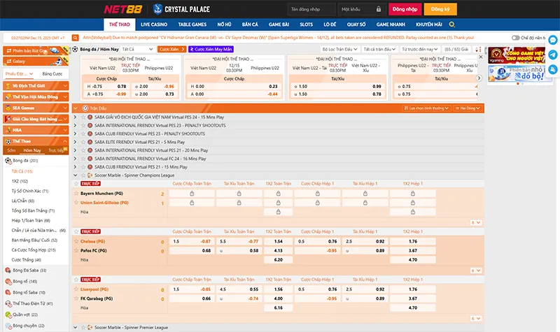 Giao diện A-Sports tại NET88 giúp theo dõi kèo SEA Games rõ ràng