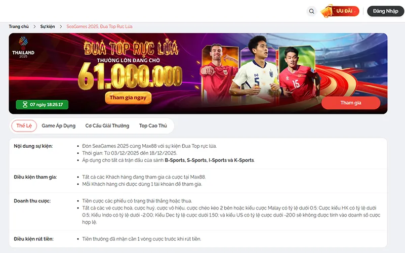 Khuyến mãi SEA Games MAX88 Đua TOP Rực Lửa thưởng lớn